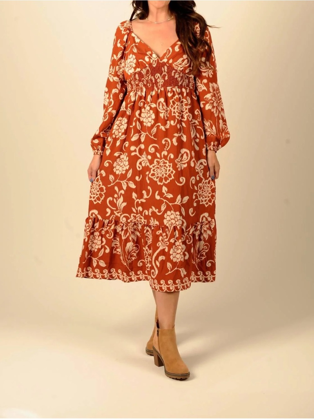 Doe & Rae Rust Floral Smocked Midi Dress